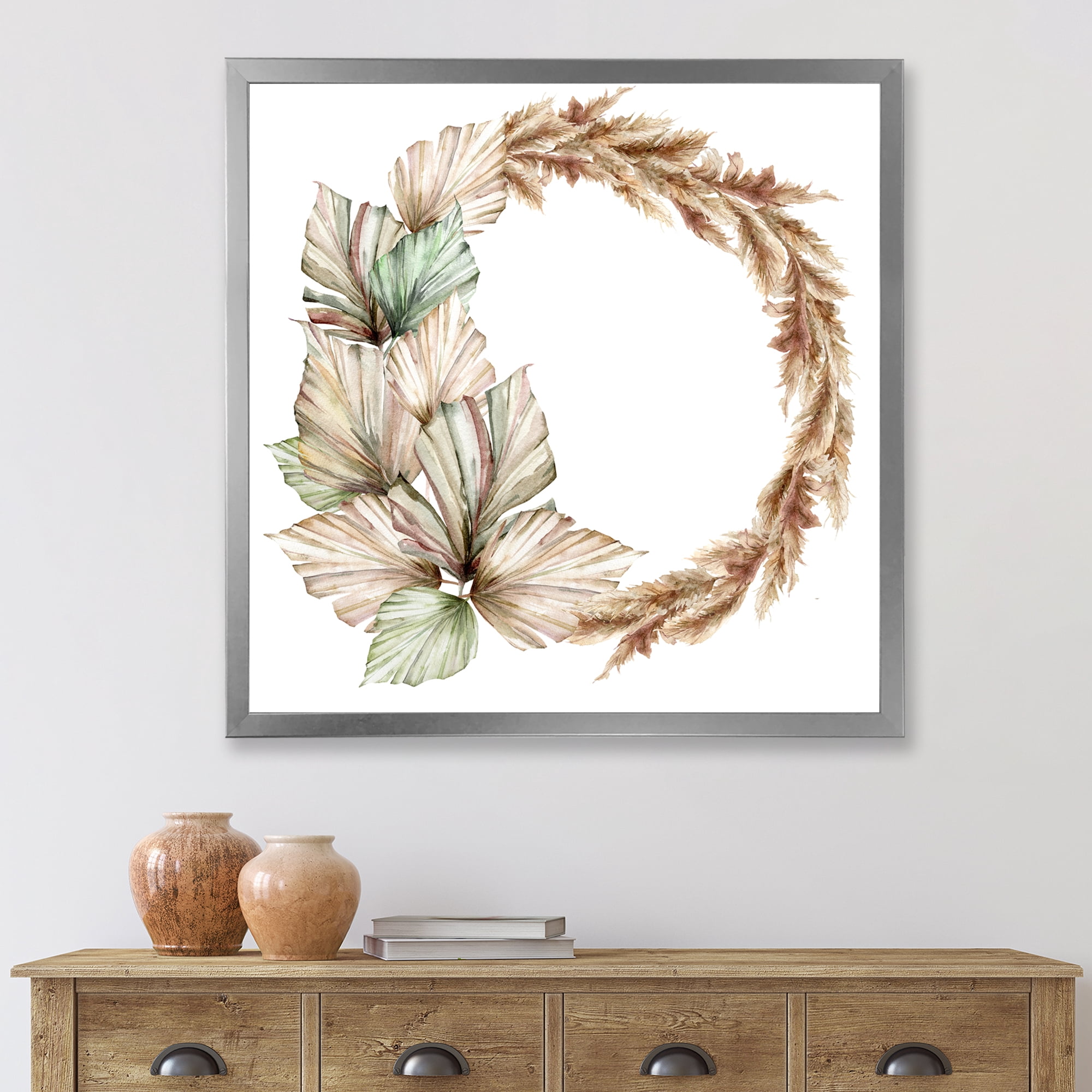 Designart 'Dry Palm Leaves and Pampas Grass With Wreath' Traditional Framed Art Print
