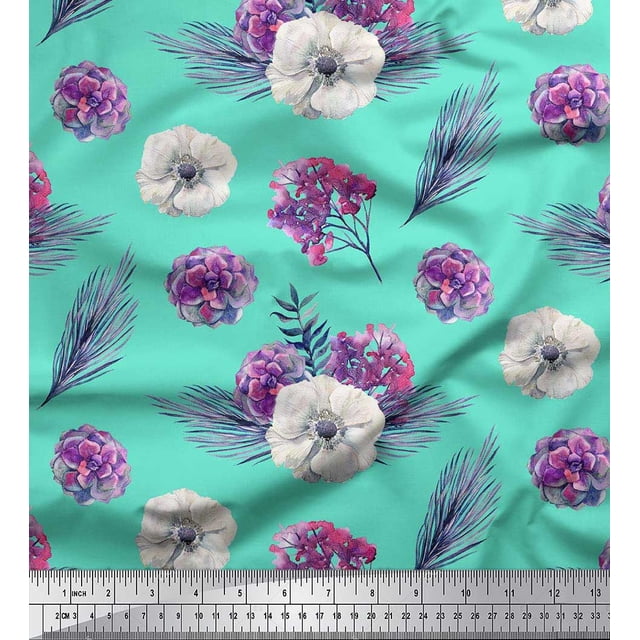 Soimoi Poly Georgette Fabric Leaves,Succulent & Anemone Flower Printed Fabric 1 Yard 42 Inch Wide
