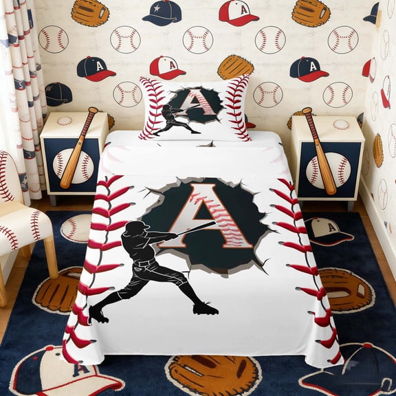 Erosebridal Letter A Baseball Player Print Twin Sheet Sets, Sports Monogram Bedding for Kids Boys and Girls, 1 Flat Sheet, 1 Fitted Sheet and 1 Pillowcase