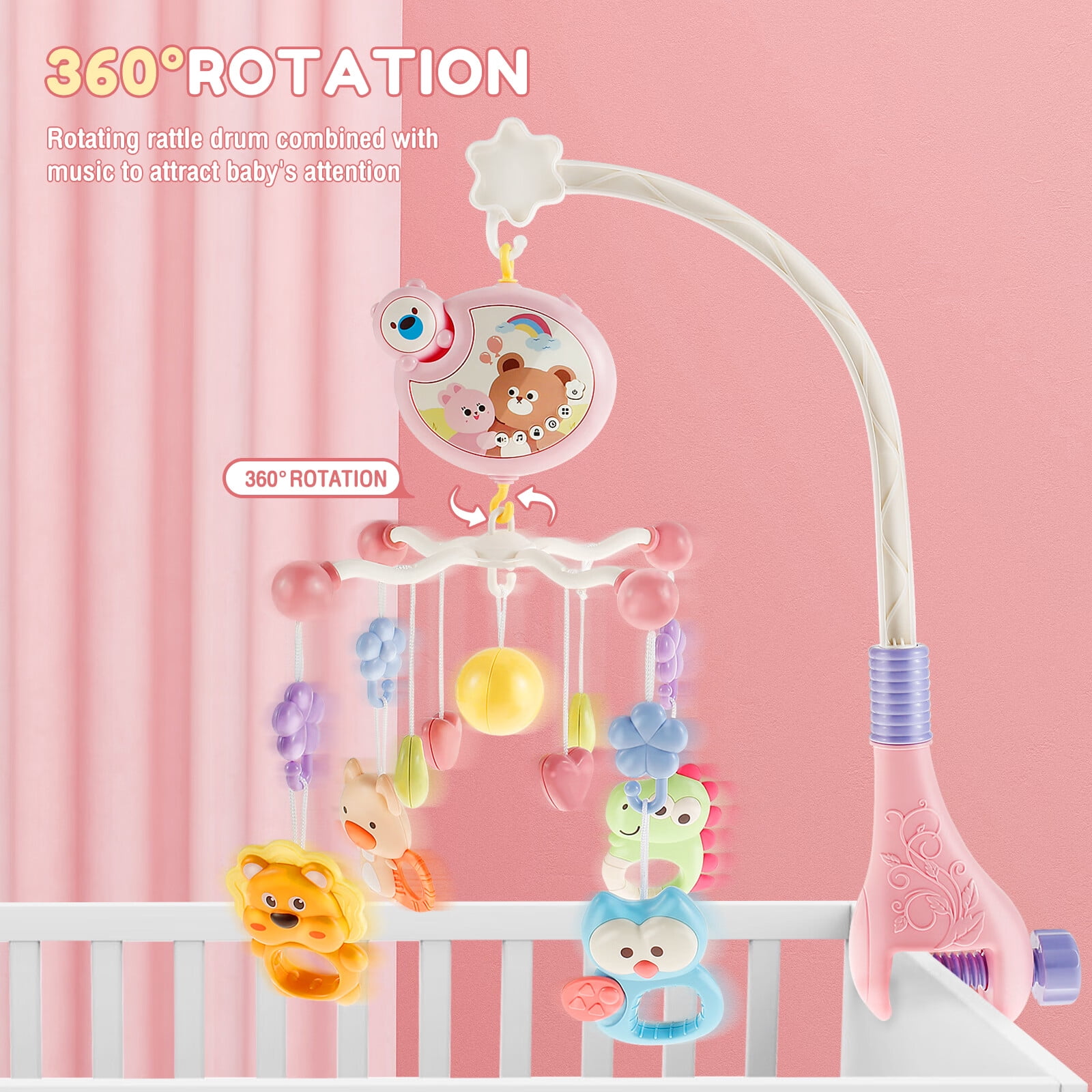 JTNero Baby Crib Mobile with Music and Light Cute 360° Rotation Crib Mobile Toys with Remote Control,Removable Music Box and Rattle 433 Songs for Baby Newborns 0 3 6 12 Months