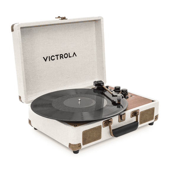 Open Box Victrola VSC-680SB-OAK Venture Bluetooth Portable Mid-Century Modern Suitcase Record Player with 3-Speed Turntable & Built-in Speakers, Oak