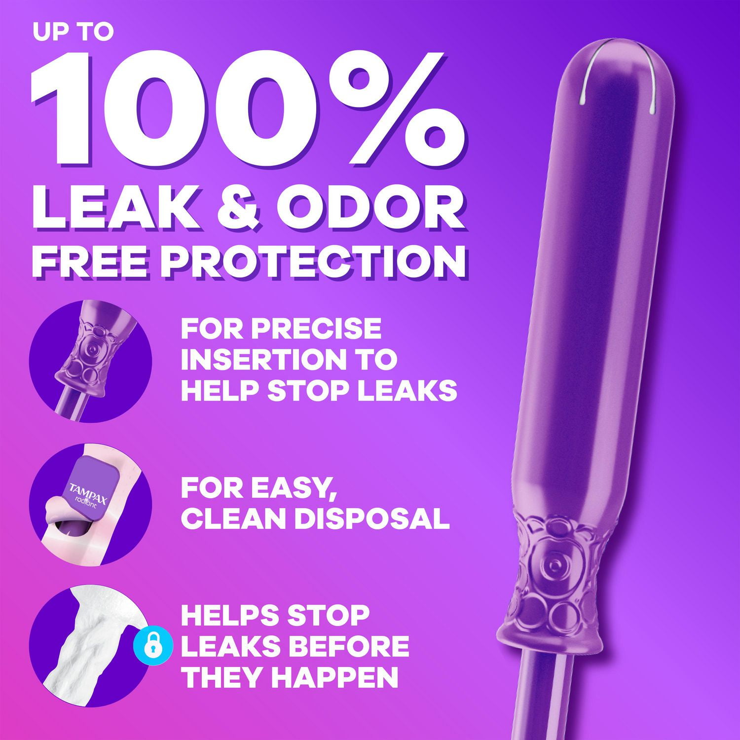 Tampons Tampax Radiant, avec tresse anti-fuites LeakGuard, degré d’absorption régulier, non parfumés, 14 tampons 14CT