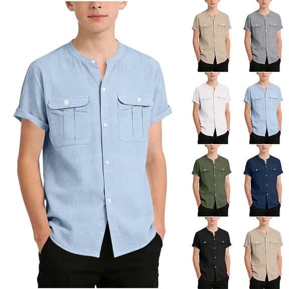 Boys Short Sleeve Cotton Linen Shirts Kids Crewneck Button Up Shirt Summer Casual Loose Fit Fashion Tops with Pockets