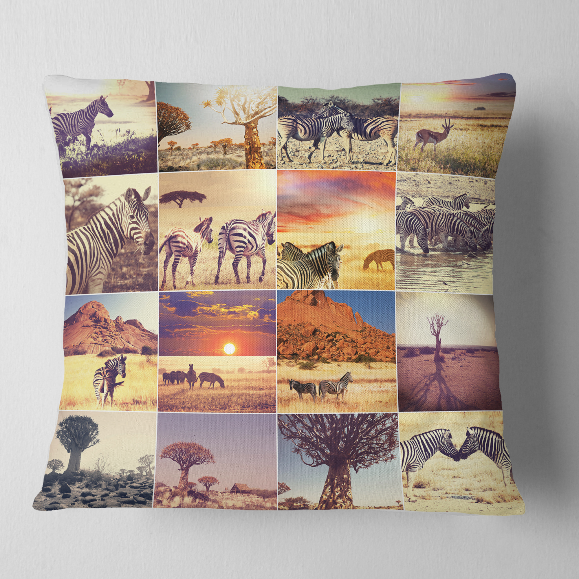 Designart African Wildlife and Nature Collage - African Landscape Printed Throw Pillow - 16x16