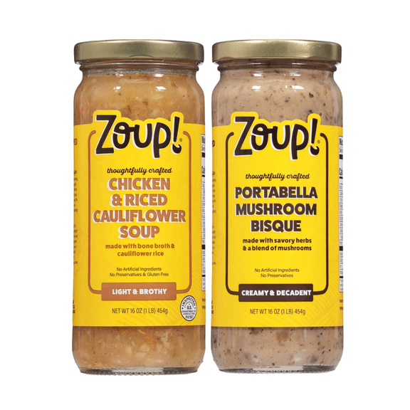 Zoup! Chicken & Riced Cauliflower Soup and Portobello Mushroom Bisque, Shelf-Stable, 16 oz
