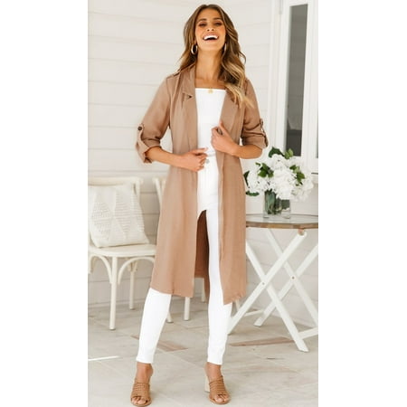 - Womens Windbreaker Outwear Solid Casual Long Coat Rain Jacket Thin Coat With Belt Spring Autumn