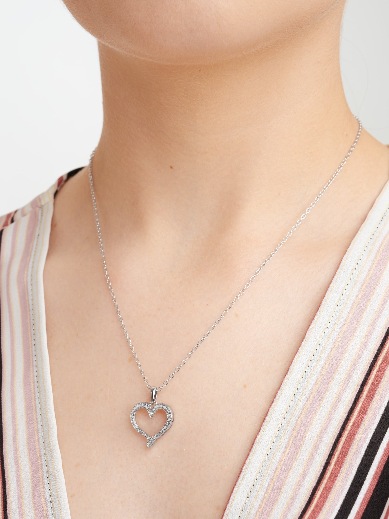 Forever Facets Fine Silver Plated Silver Tone Classic Open Heart Diamond Accent Pendant Necklace, 18"