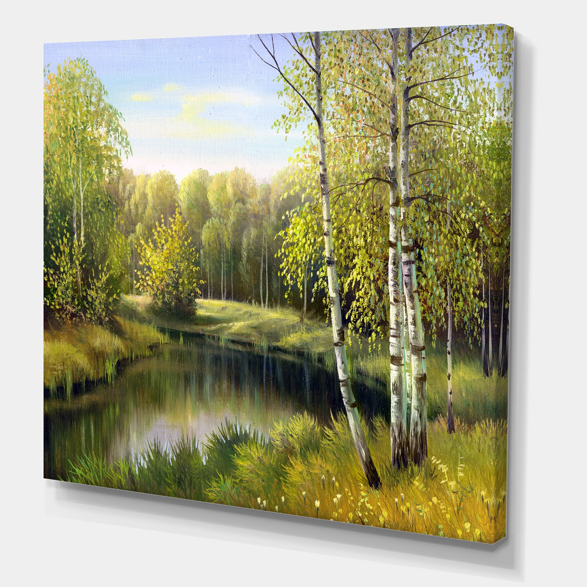 Designart ' The River In Silent Green Nature Through Birches ' Traditional Canvas Wall Art Print