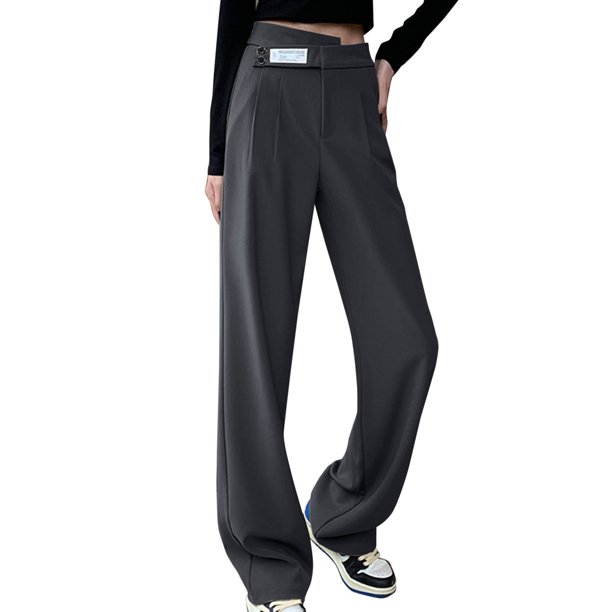 Gibobby pantalones de mezclilla afelpados mujer 2023 primavera y verano damas doble botón casual suelto arrastre recto traje pantalones (Gris, S)