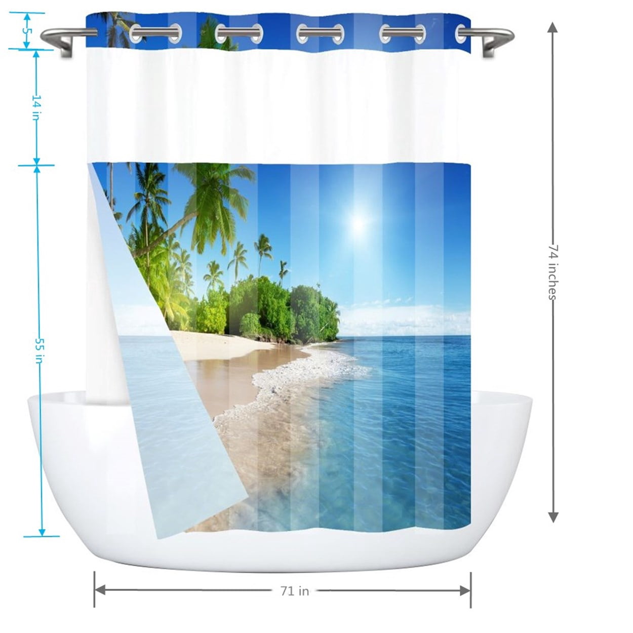 Goodbath No Hook Shower Curtain with Snap in Liner,Ocean Beach Seaside Palm Trees Island Shower Curtains, Double Layer, Mesh Top Window,71 x74 inches,Blue