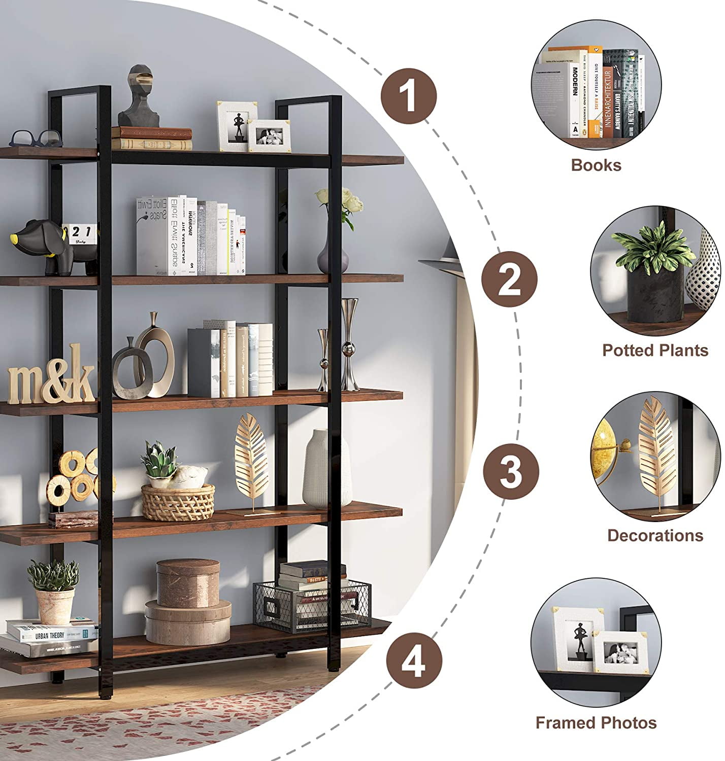 Tribesigns 6-Tier Large Open Bookshelf, Industrial Etagere Bookcase Storage Display Shelves for Home and Office, Vintage Organizer Shelving Unit with Wood Grain