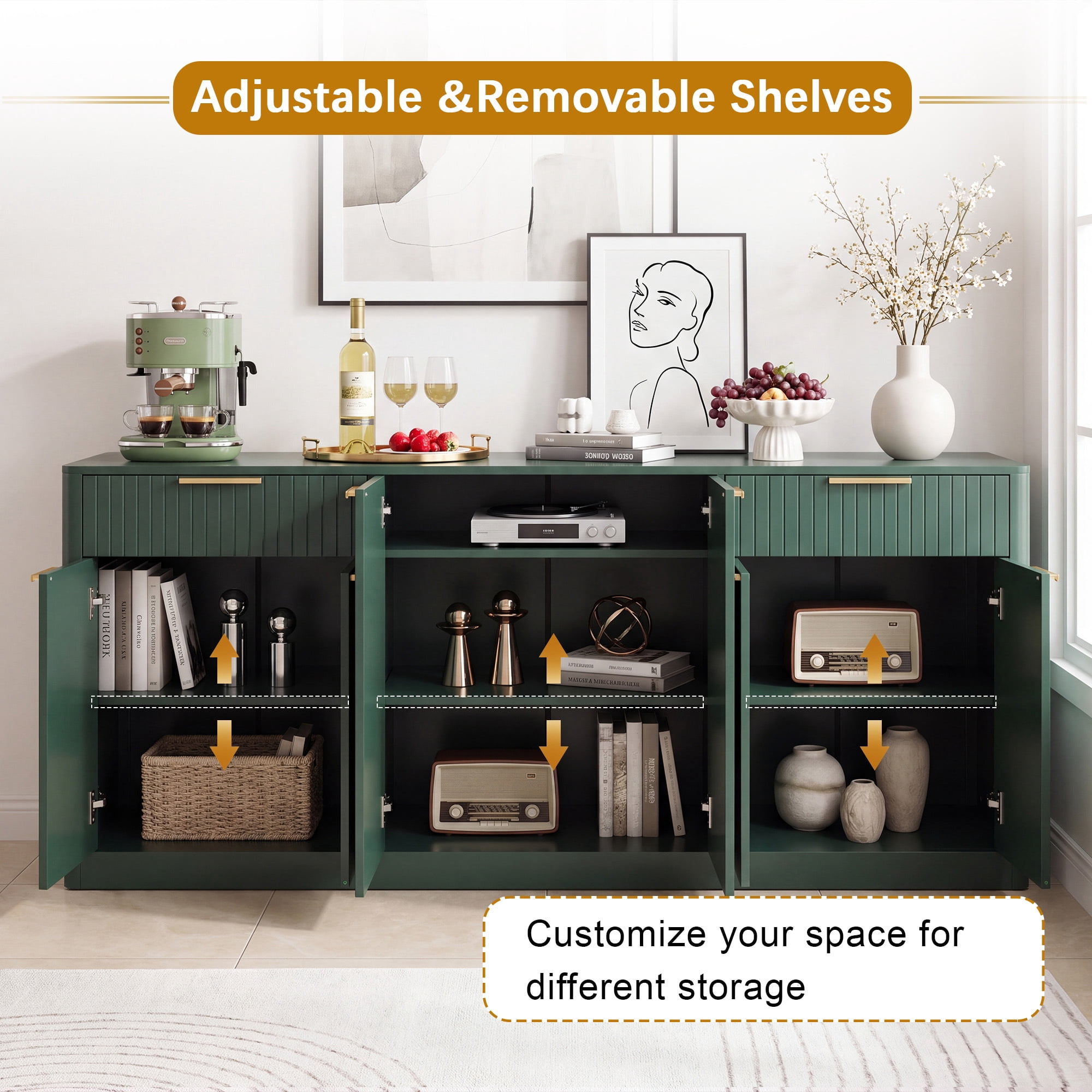 HOQBN 67" Fluted Buffet Sideboard, Modern Storage Cabinet with 6 Doors & 2 Drawers,Large Credenza for Dining Room,Living Room,Entryway,Dark Green