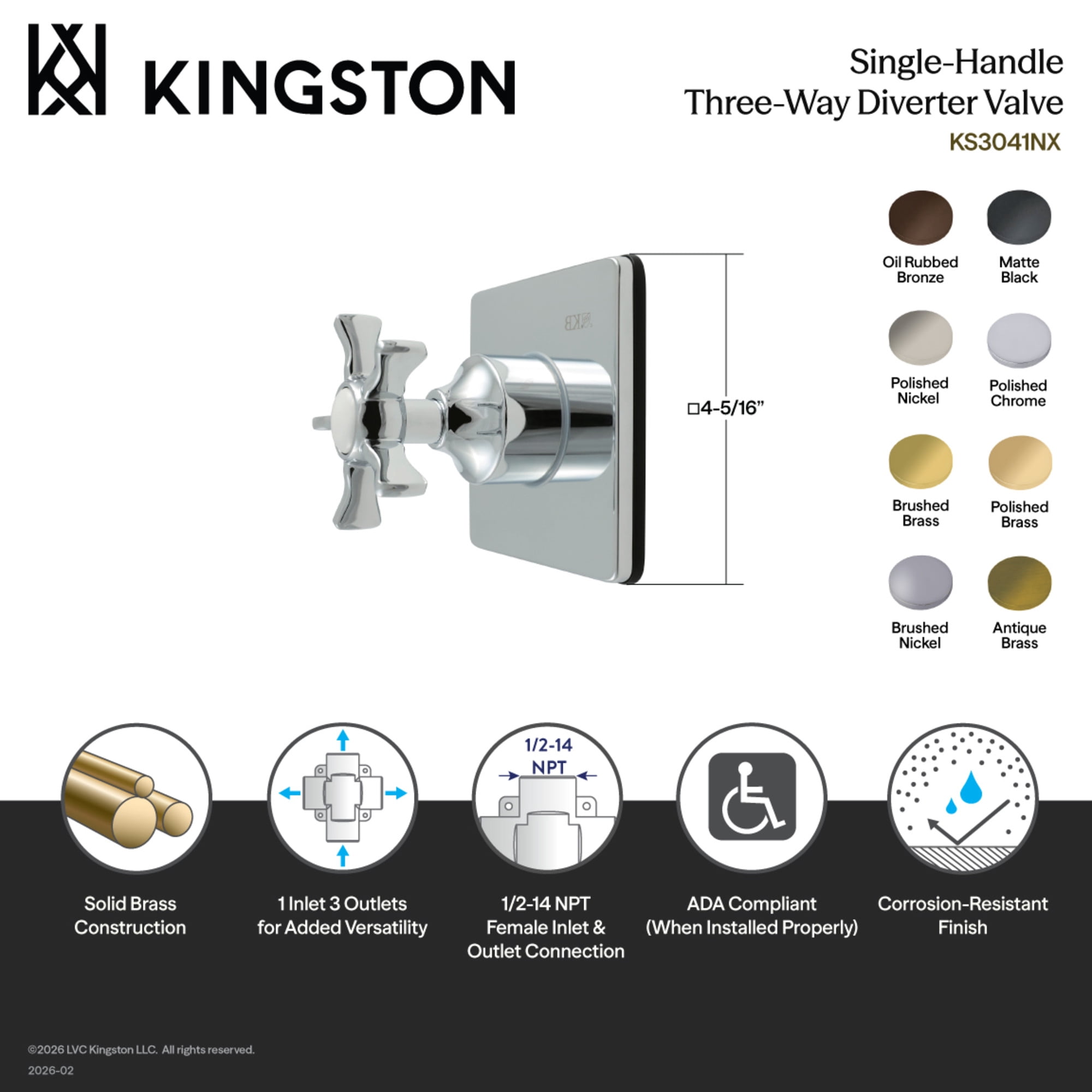 Kingston Brass KS3046NX Hamilton Single-Handle Three-Way Diverter Valve with Square Trim Kit in Polished Nickel