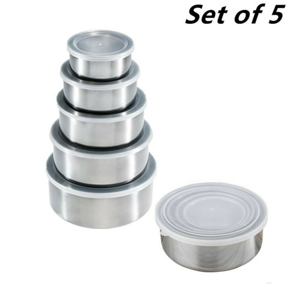 Set of 5 Stainless Steel Snack Food Storage Containers With Lids, Leakproof Clear Lids For Lunch, Meal Prep and Storage, Reusable for Kids & Adults, Silver