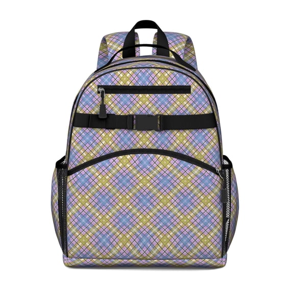 Blue and Yellow Checkered Pattern Backpack for School, Cute School Bag with Adjustable Shoulder Straps and Padded Back, 15.25"x11.5"x5.25"