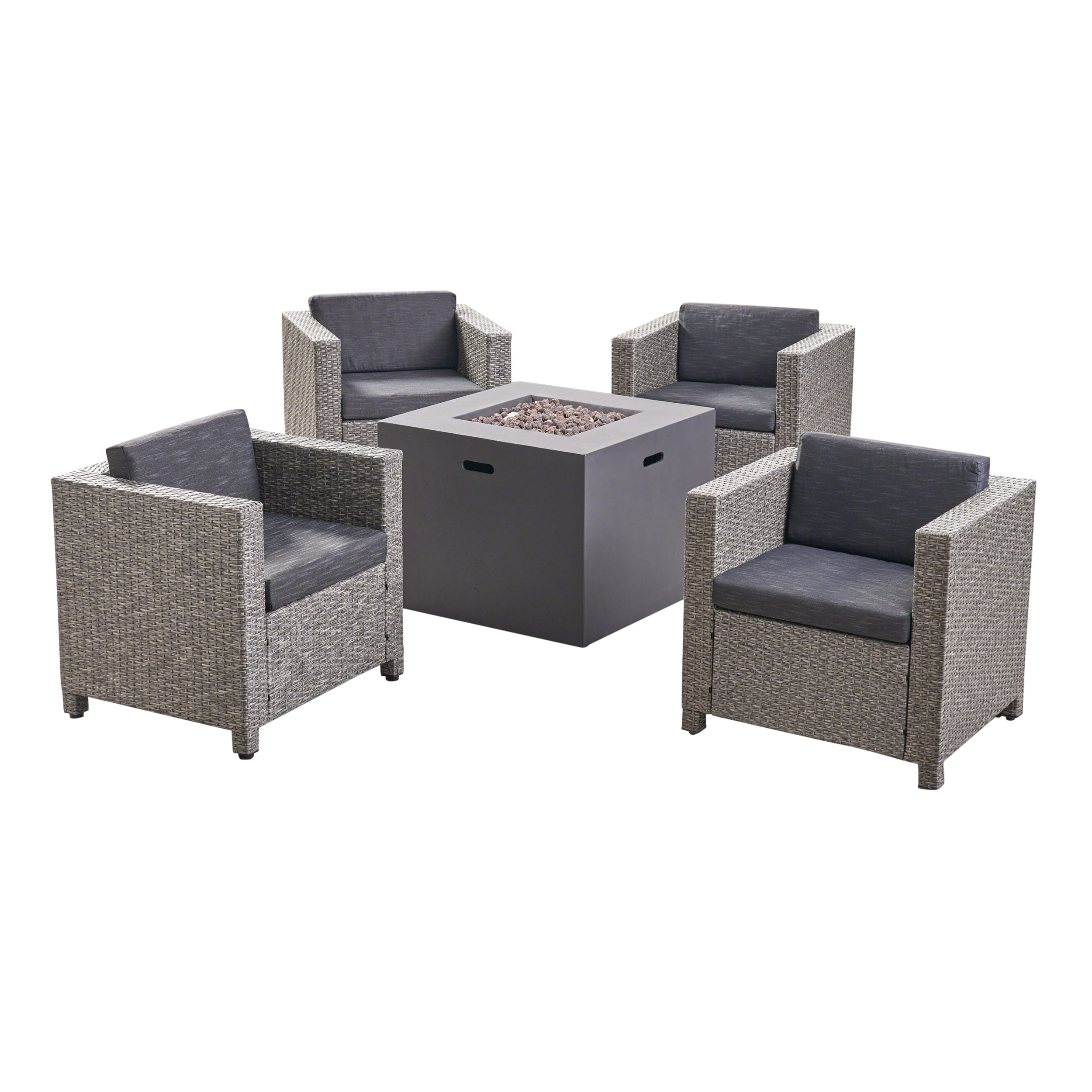 Franklin Outdoor 5 Piece Wicker Club Chair Set with cushions and Square Fire Pit, Mixed Black, Dark Gray, Dark Gray