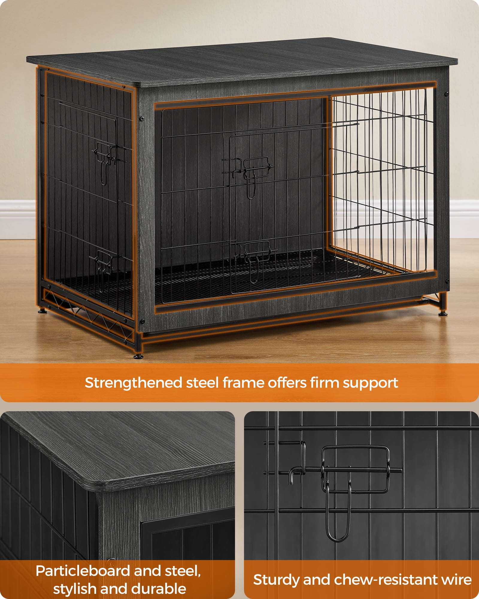 Feandrea Wooden Dog Crate Furniture,Double-Doors Kennel for Dogs Indoor up to 70 lb, Removable Tray, End Table Dog Crate for Decoration 38.6"L x 25.6"W x 26.8"H, Ink Black