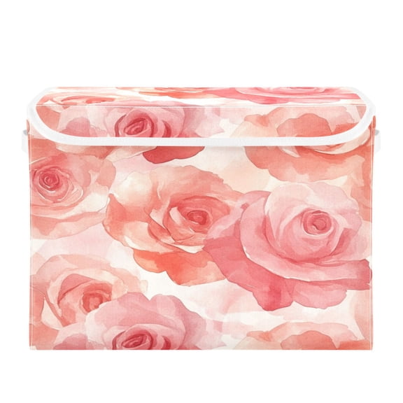 Storage Box With Lid 16.5x12.6x11.8In Foldable Stacked Household Storage Box Pink Roses Seamless