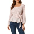 thumbnail image 1 of INSPIRE CHIC Blouse à Manches Longues Florale à Encolure Carrée avec Ceinture Blanc-Rose TP, 1 of 6