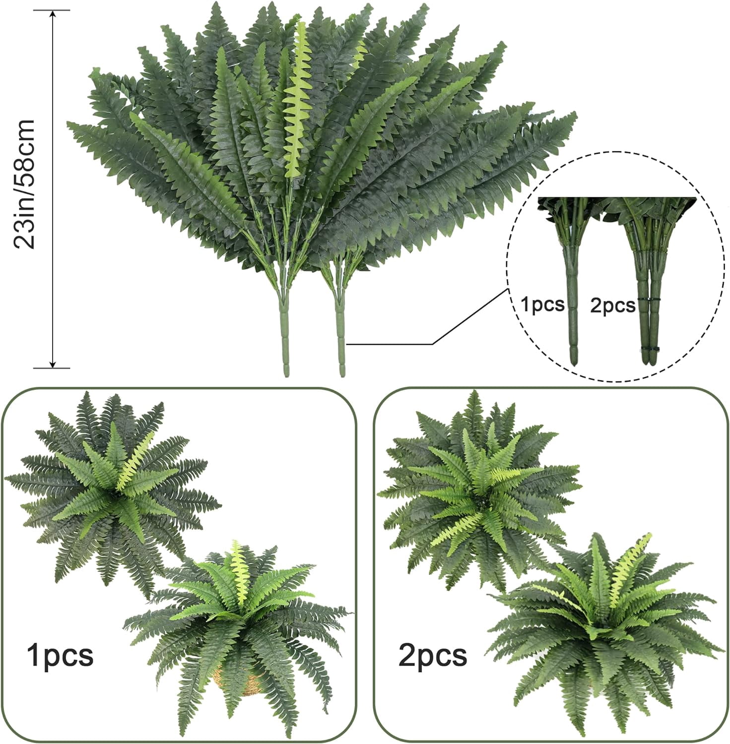 Qeswwen2024 23” Artificial Plastic Boston Fern Plant (2 Count)