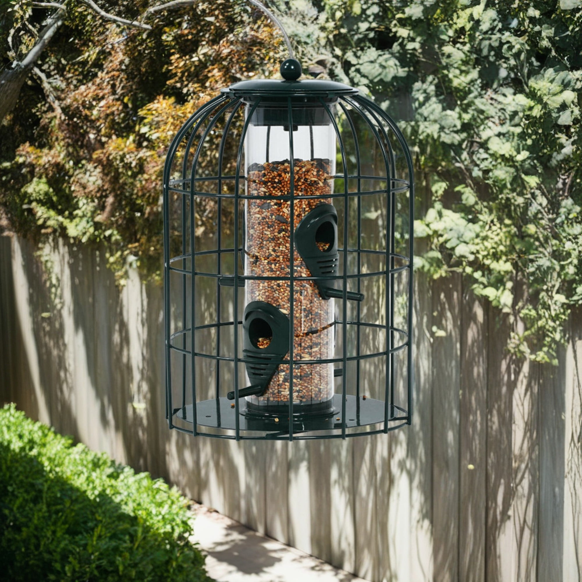 Kadyn 10" Bird Feeder for Outside Hanging, Metal Seed Guard Deterrent House Squirrel-proof Caged Tube Wild Hut, Green