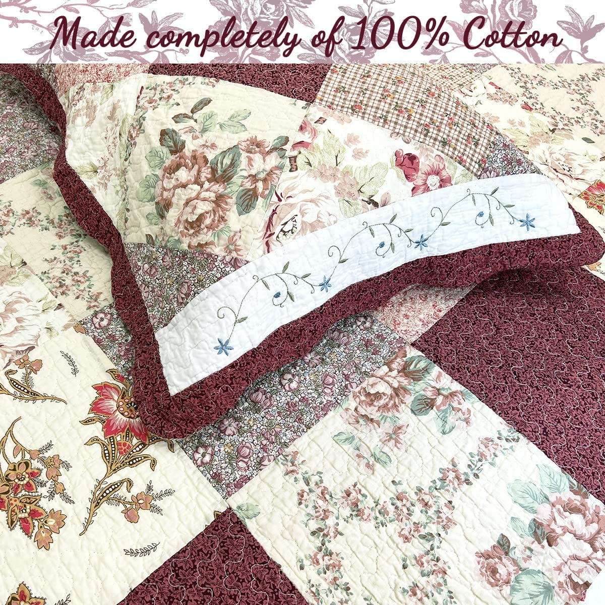 Cozy Line Country Cottage Floral Burgundy Red Scalloped Edge Real Patchwork 100% Cotton 3-Piece Reversible Quilt Set, King