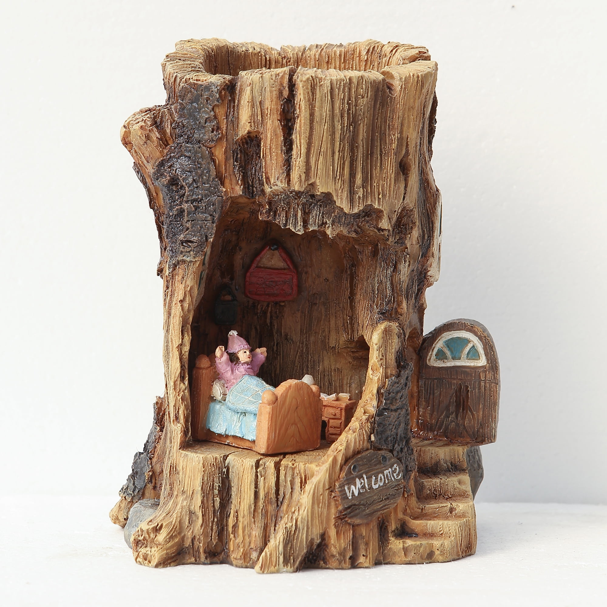 Winsome House Solar Log House Miniature Fairy Garden Set