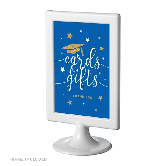 Royal Blue and Gold Glittering Graduation Party Sign, Double-Sided 4x6-inch, Cards & Gifts, Includes Reusable Frame