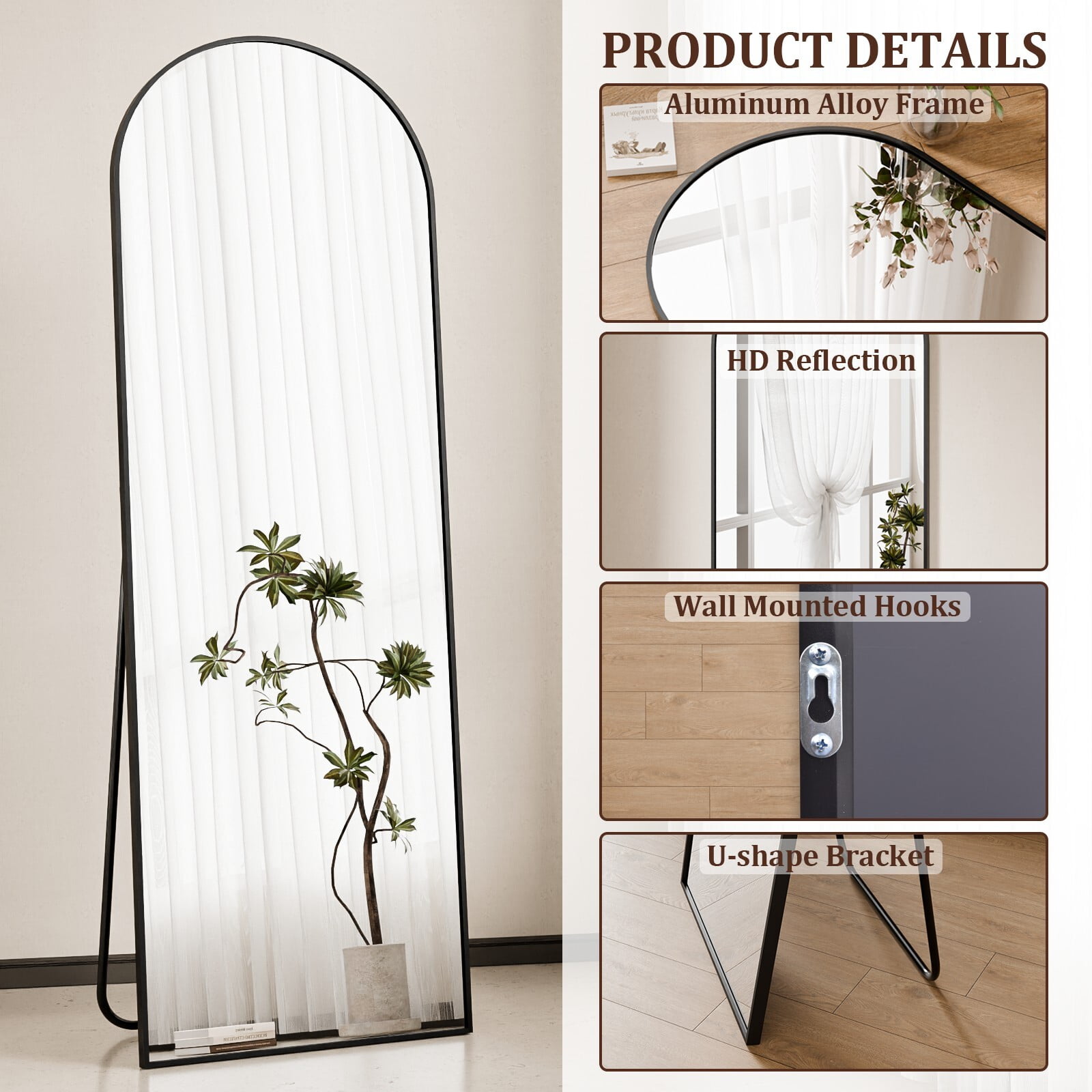 Easy4Home 58"x19" Arched Full Length Mirror with Aluminum Alloy Frame Freestanding Floor Dressing Mirror, Black