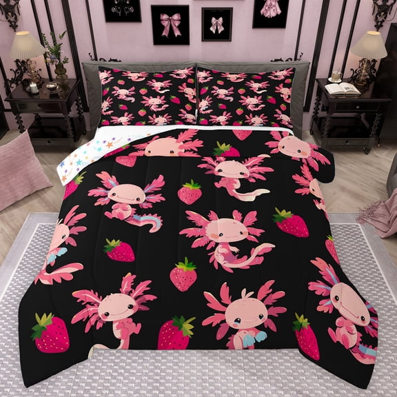 Feelyou Funny Pink Axolotl Full Size Comforter Sets, Kawaii Strawberry Bedding Comforter Set, Teens Kids Boys Girls Reversible Bedding Sets, Breathable Home Decor, 3 Pieces