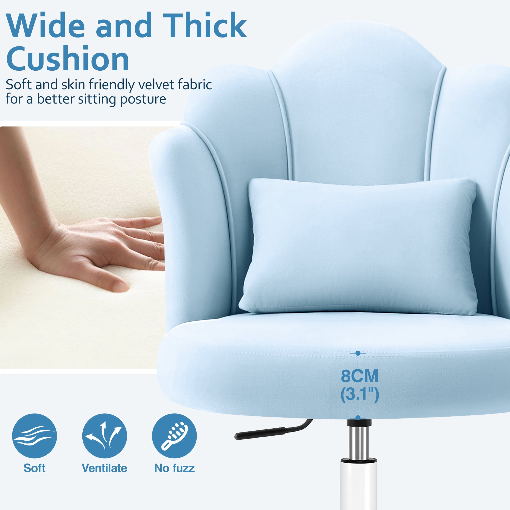 COOLHUT Vanity Chair, Velvet Petal Vanity Makeup Chair with Lumber Support, Home Office Desk Chair with Wheels, Height Adjustable Computer Work Chair for Bedroom, Living Room, Blue