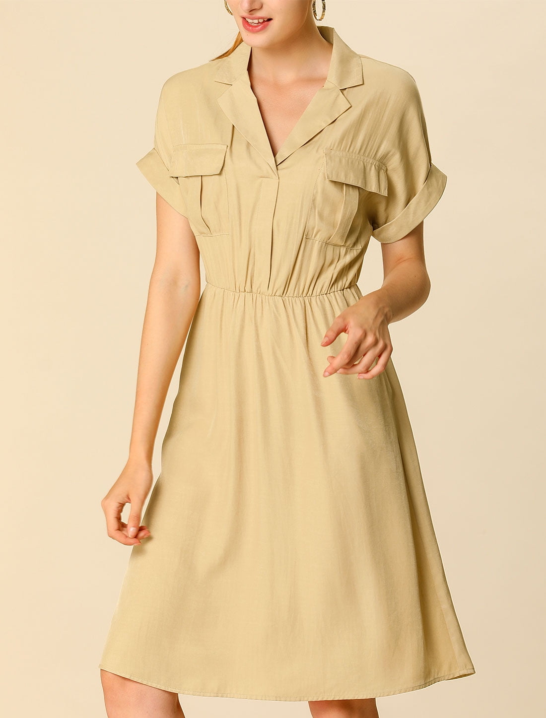 DARING DIVA Notched Lapel V-Neck Above Knee Elastic Waist Shirt Dress S Khaki
