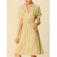 thumbnail image 2 of DARING DIVA Notched Lapel V-Neck Above Knee Elastic Waist Shirt Dress M Khaki, 2 of 6