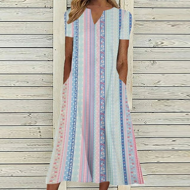 Robes pour Femmes 2024 Été Surdimensionné Décontracté Manches Courtes Col en V Robe Imprimée Robe Ample 50 % de Réduction!