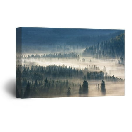 wall26 Canvas Wall Art - Pine Forest with Fog - Giclee Print Gallery Wrap Modern Home Decor Ready to Hang - 24" x 36'