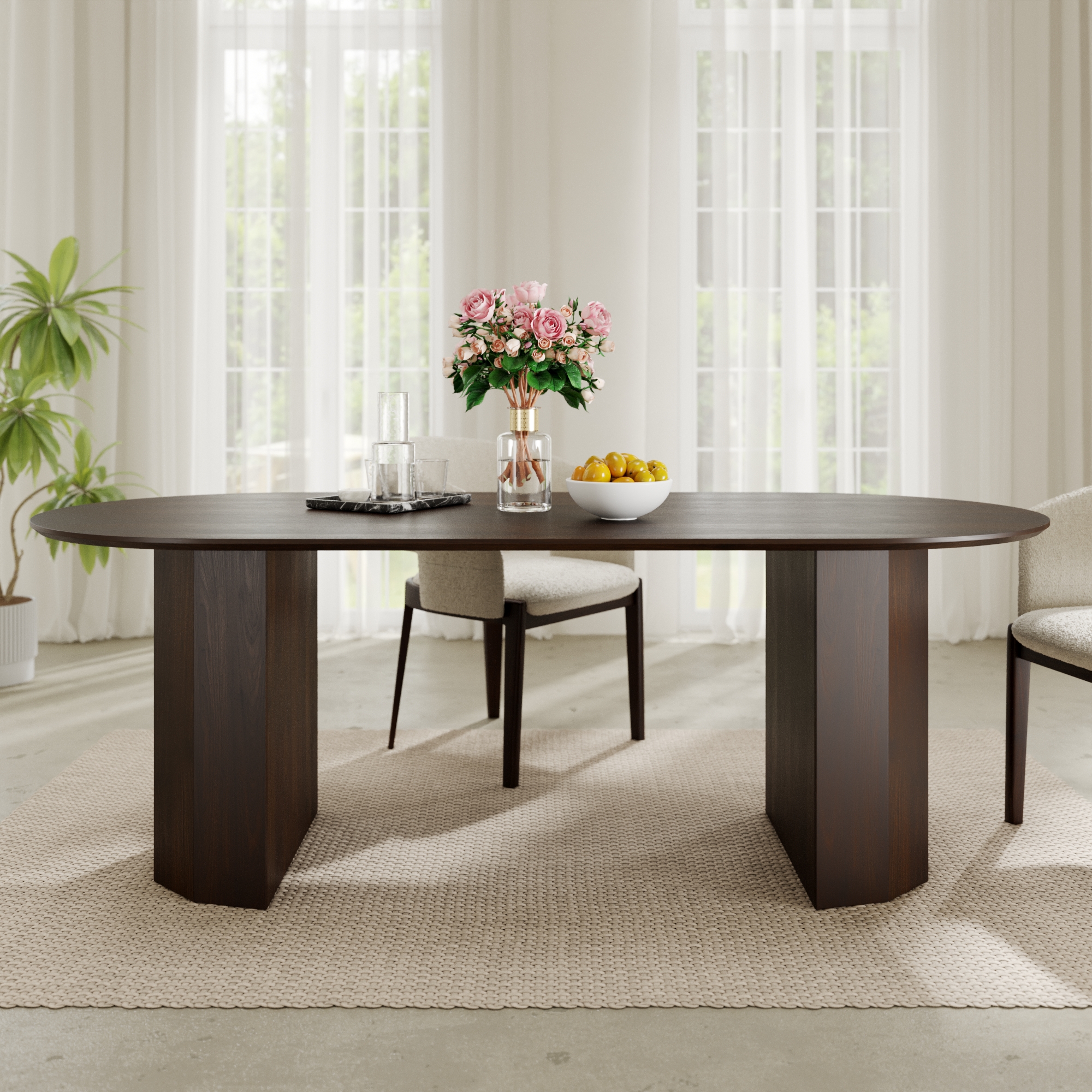 MAYEERTY Modern 79*33.5*30" Oval Walnut Dining Table with Beveled Edge Top & Polygonal Cylinder Split Base