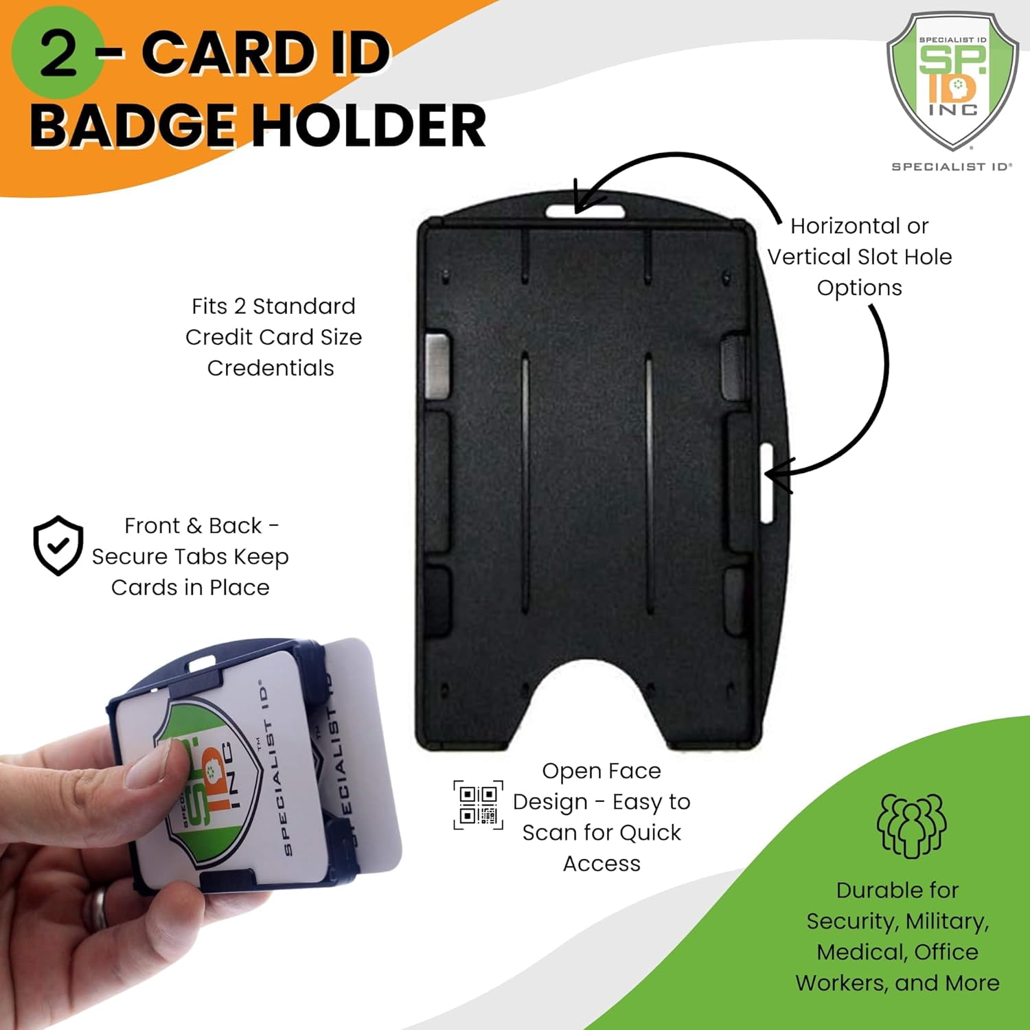 Bulk 50 Pack -  Black  Card ID Badge Holder - Holds 2 Cards - Rigid Hard Plastic - Double Sided Card Holder for Horizontal or Vertical Badges - Open Face Design