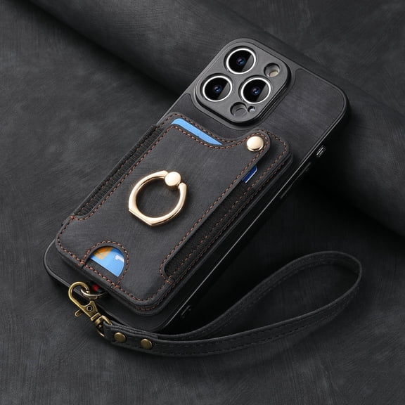 Applicable for IPhone16 Mobile Phone Leather Case RFID Anti-theft Brush Ring Buckle Lanyard Multi-function Card Bag Apple Mobile Phone