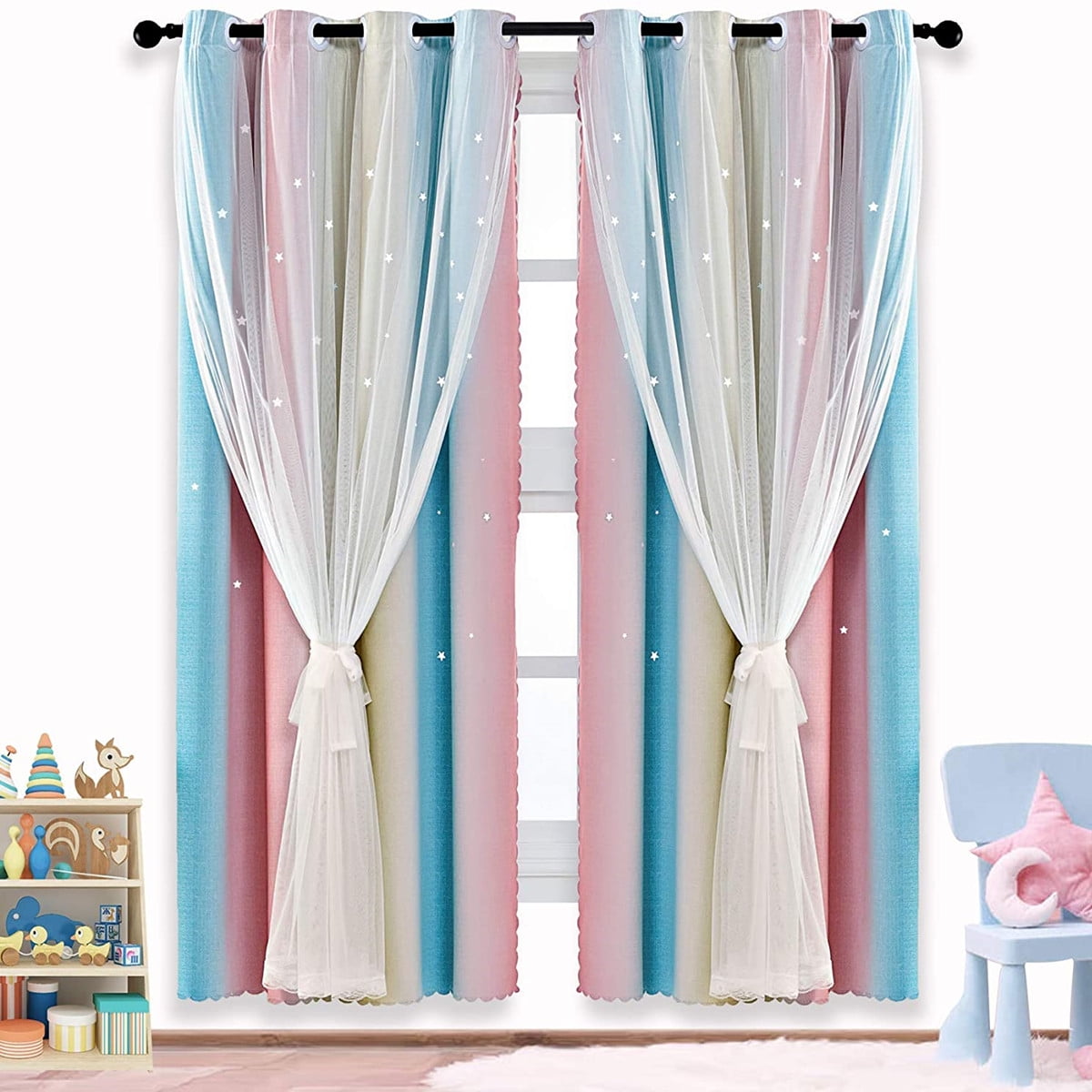Baby Pink Deconovo Grommet Top Mix and Match Thermal Insulated Panel Blackout Curtians 2 Pieces Lavender and 2 Net White Sheer Curtain 52x84 Inch