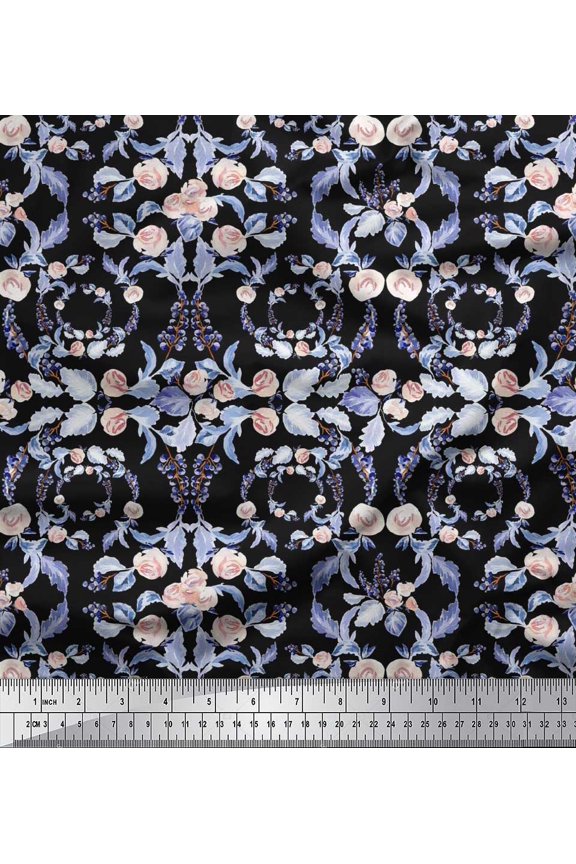 Cotton Jersey Fabric Wreath,Leaves & Denmark Rose Floral Print Fabric by Yard 58 Inch Wide