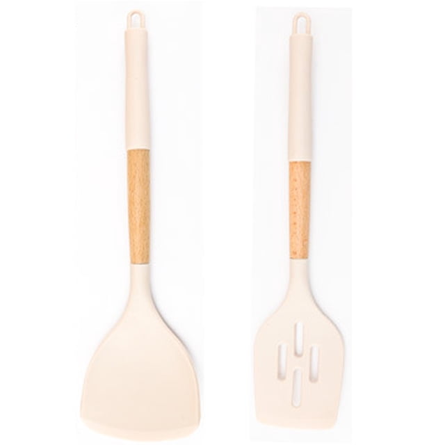 Juego de 2 herramientas de cocina ergonómicas antirayaduras con mango de madera natural para utensilios de cocina antiadherentes en color crema