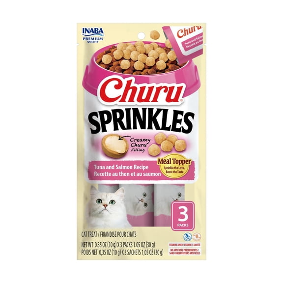 INABA Churu Sprinkles Cat Meal Topper, Soft & Chewy Baked Chicken with Taurine, Tuna & Salmon Recipe, 0.35 oz Packs, 3‑Count