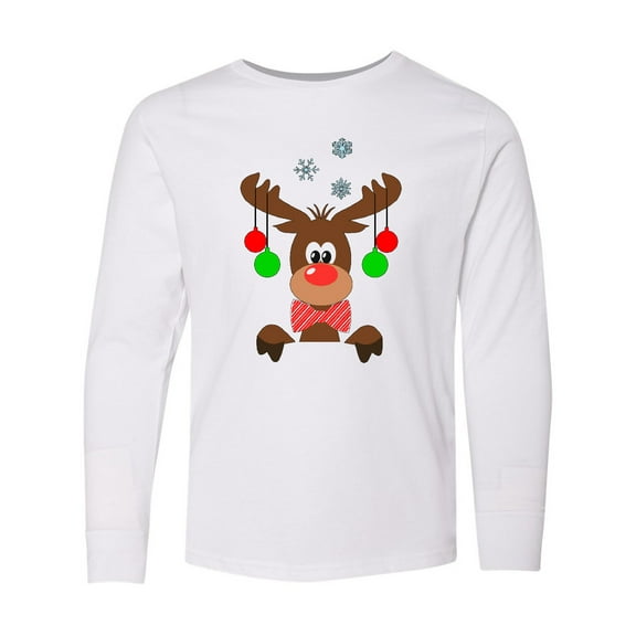 Inktastic Cute Christmas Reindeer with Red Nose, Ornaments and Bow Tie Long Sleeve Youth T-Shirt