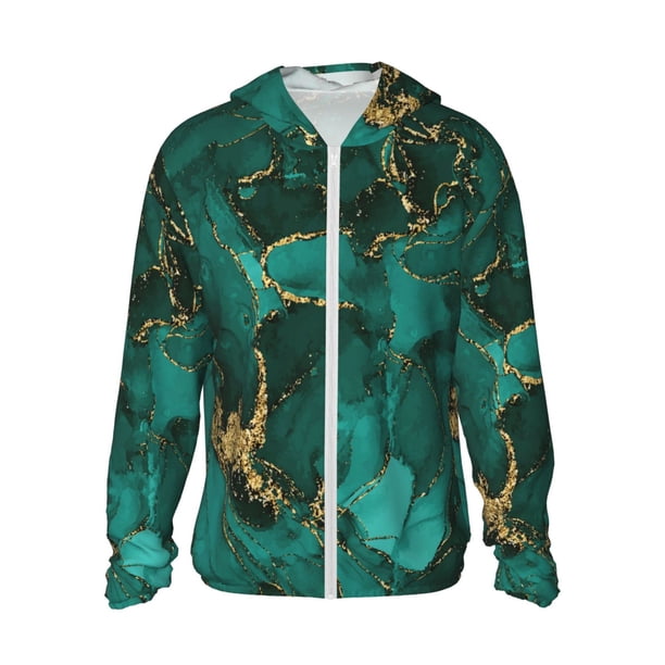 Balery Green Gold Glitter Sudadera ligera de manga larga con capucha y protección solar UPF 50+ para hombre y mujer, ideal para pesca y running-Small
