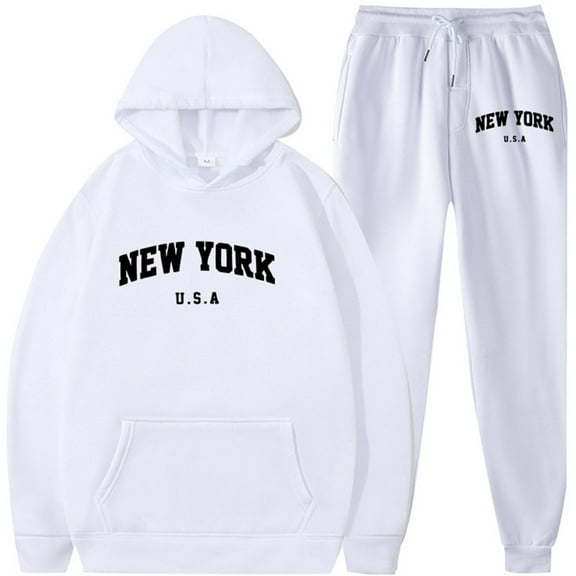Silver Basic Adult Men's And Women's Solid Color New York Printed Hoodie Pants Sports Leisure Set L,WhiteBlack-1