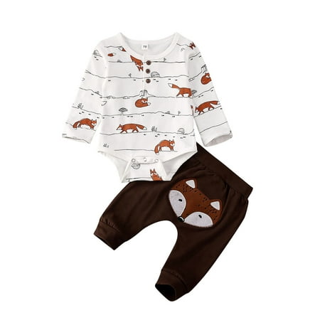 

Calsunbaby Newborn Baby Boys Girls Fox Printing Clothes Set Casual Long Sleeve Jumpsuit Long Pants Outfits Brown 12-18 Months