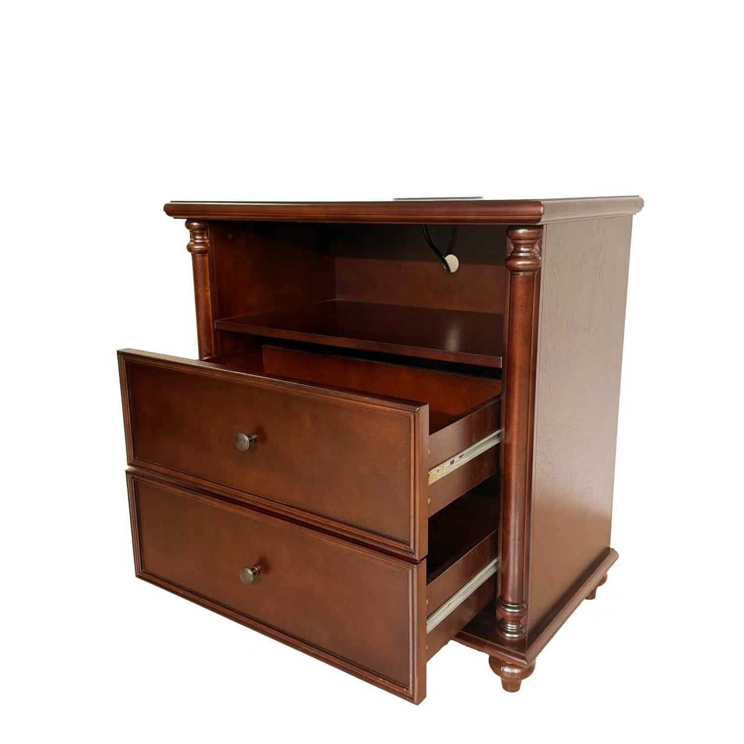 Hommoo 28" Nightstand with Built-in Charging Station, 2 Drawers, 2 AC Outlets & 2 USB Ports (1 Type-C), Farmhouse Modern Bedside Table for Bedroom or Living Room, Walnut