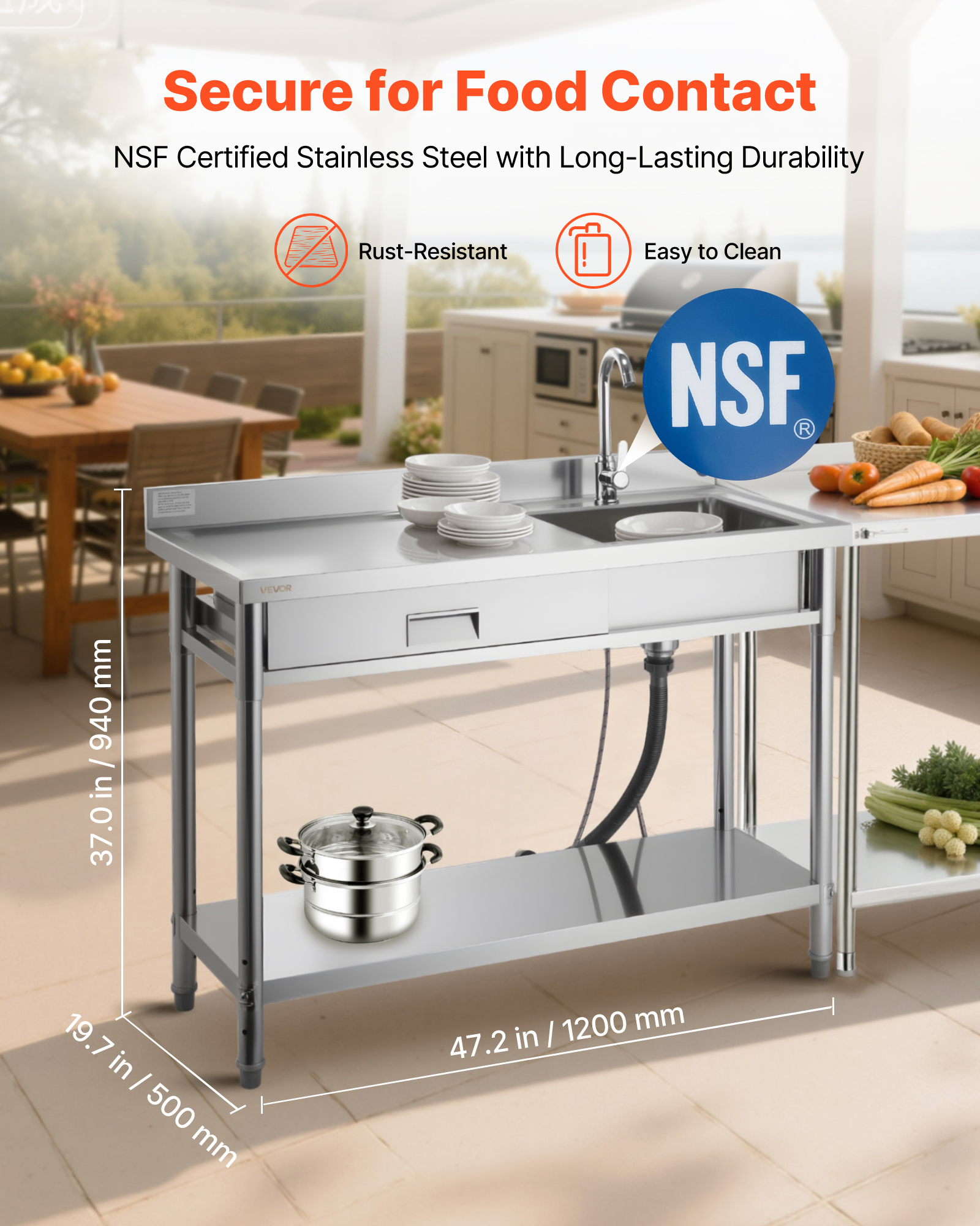 VEVOR Stainless Steel Utility Sink, Rolling Single Bowl Commercial Kitchen Sink with Drawer, Faucet and Hot & Cold Water Pipe, Utility Basin for Garage, Restaurant, Laundry, 47.2 x 19.7 x 37 in