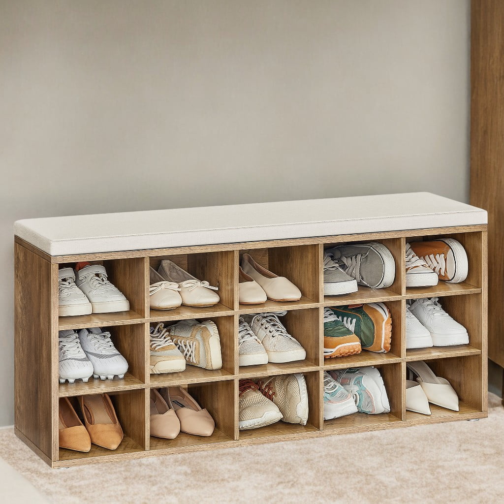 Honey Brown and Cappuccino Beige Entryway Bench with 15 Compartments,with Padded Seat, Shoe Bench with Cushion,11.8 x 41.3 x 18.9 Inches