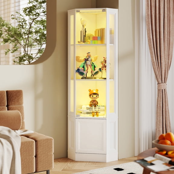 JOIVI Corner Display Cabinet with LED Lights, 65" Curio Cabinet with Glass Doors for Collectibles, 4-Tier Showcase Cabinet for Living/Game Room, White